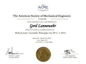 Certificate-ASME American Society of Mechanical-Engeneers: Bolted Joins Assembly Principles for PCC-1-2010 - Gerd-Lannewehr