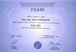 Zertifikat EURO ING FEANI European Federation of National Engeneering-Association