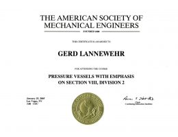 Certificate-The American-Society of Mechanical Engeneers - Pressure Vessels with Emphasis on Section VIII, Division 2 - Gerd-Lannewehr