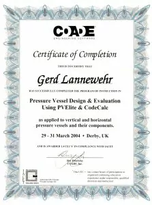 COADE Certificate: Pressure Vessel-Design and Evaluation using PVElite and CodeCalc - Gerd-Lannewehr