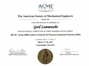 Certificate-ASME The American Society of Mechanical Engineers - MC 135 Using ASME Codes to meet the EU Pressure Equipment Directive PED Gerd-Lannewehr